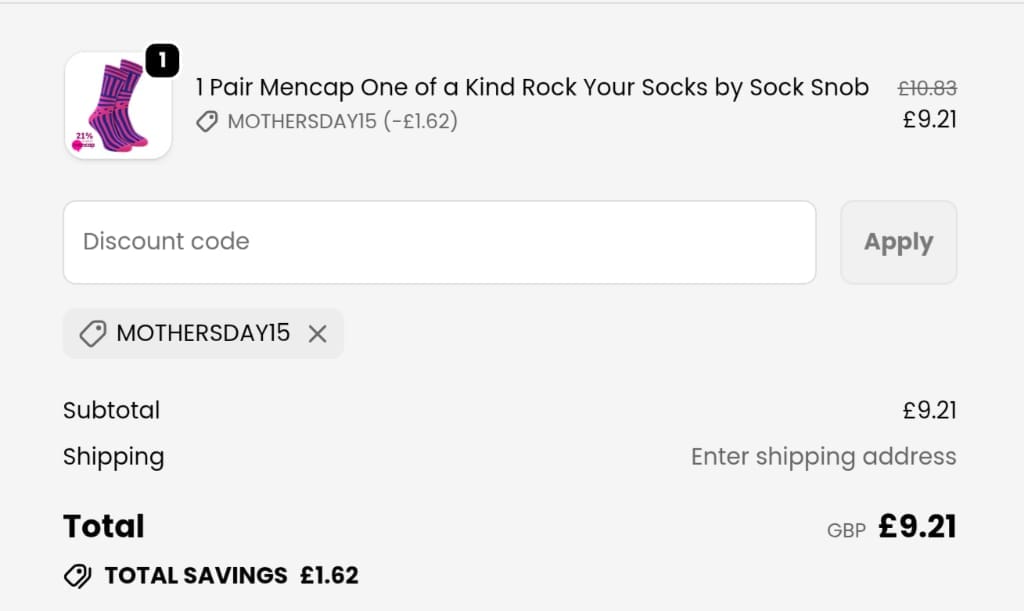 Screenshot of the Sock Snob discount code working