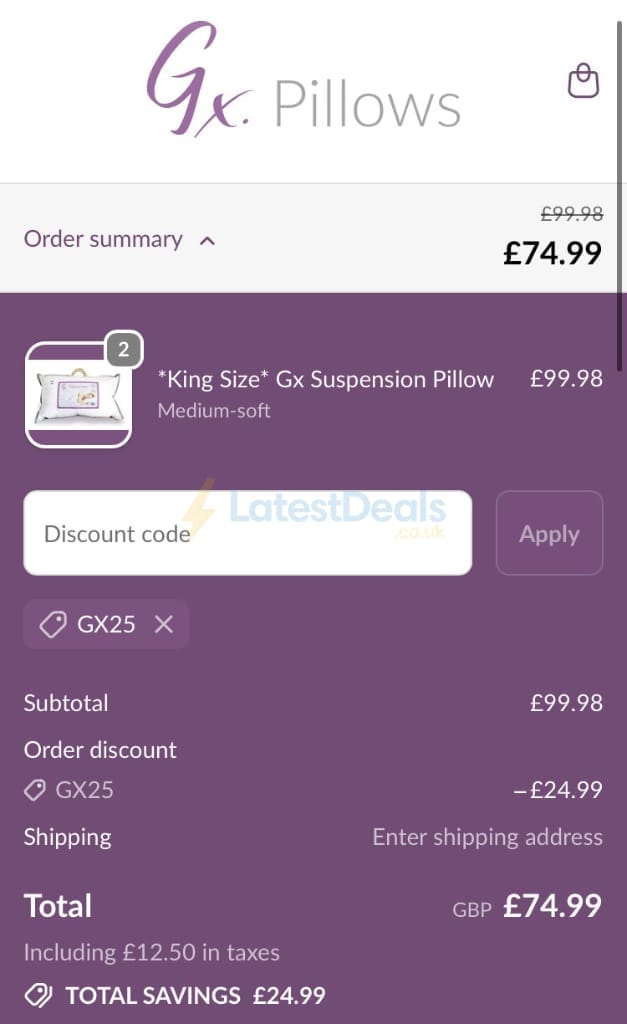 Screenshot of the Gx Pillows discount code working