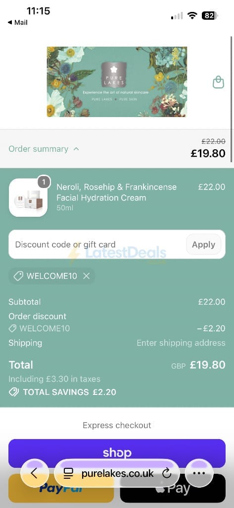 Screenshot of the Pure Lakes discount code working