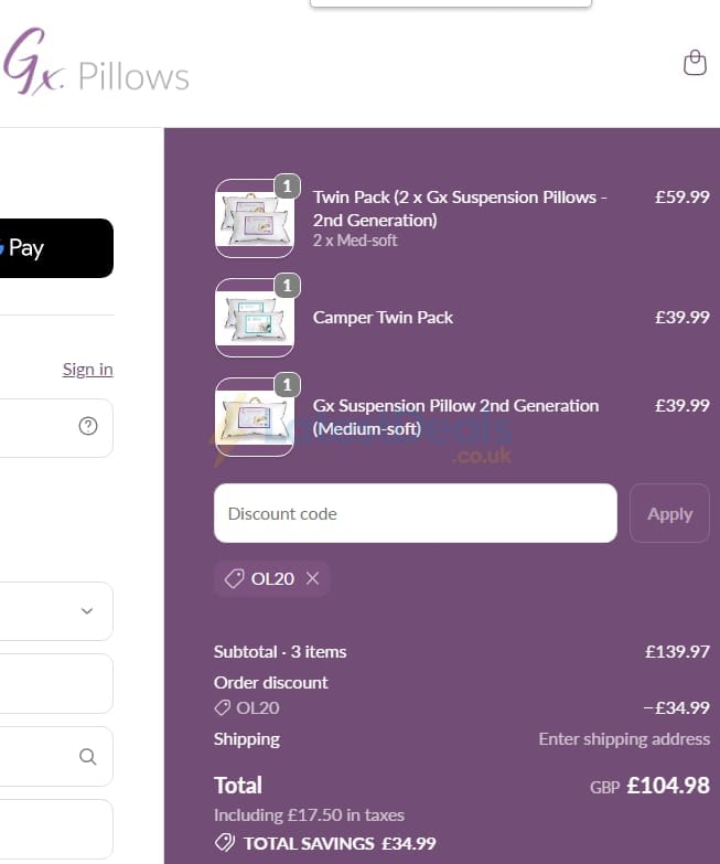 Screenshot of the Gx Pillows discount code working