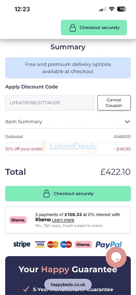 Screenshot of the Happy Beds discount code working