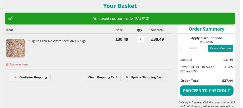 Screenshot of the Love Garden Birds discount code working