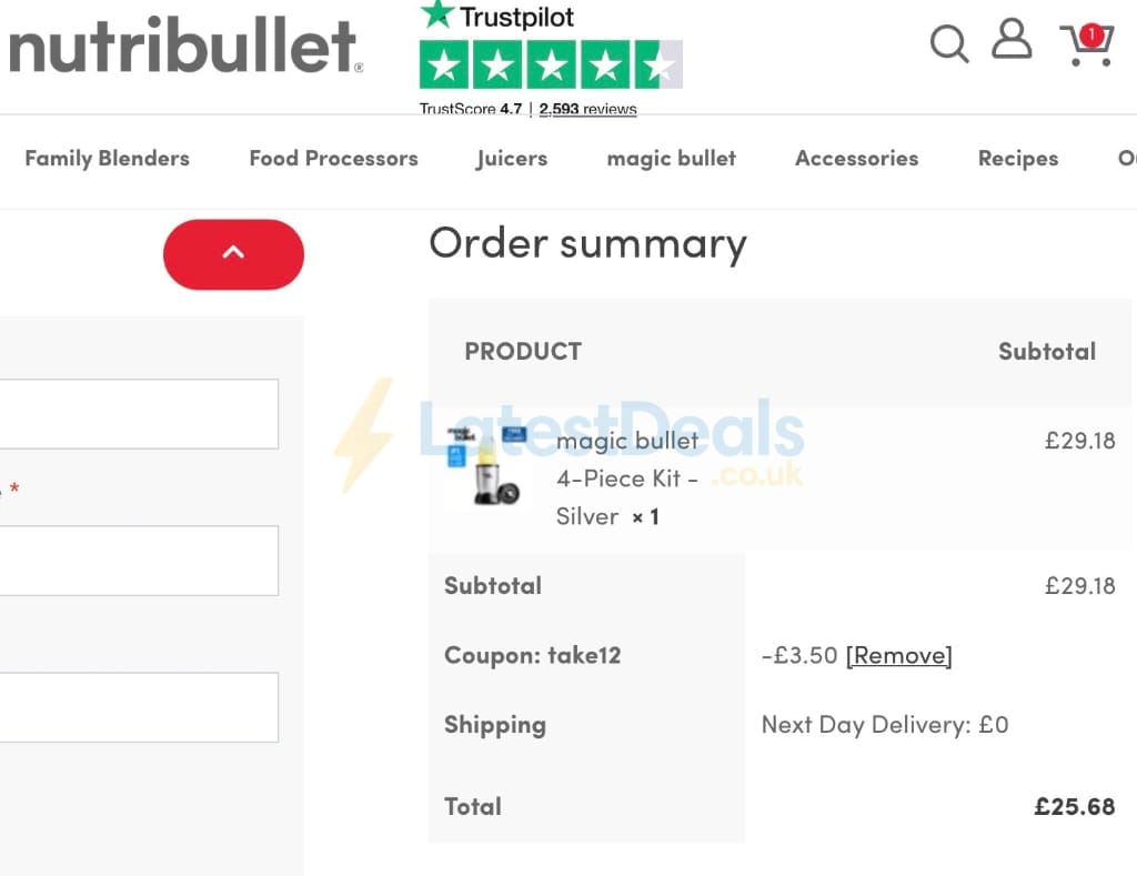 Screenshot of the Nutribullet discount code working
