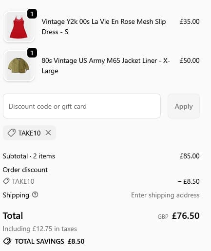Screenshot of the Rokit Vintage discount code working