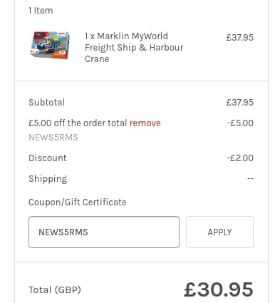 Screenshot of the Railway Model Store discount code working