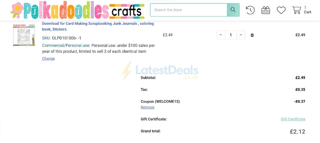 Screenshot of the Polkadoodles Crafts discount code working