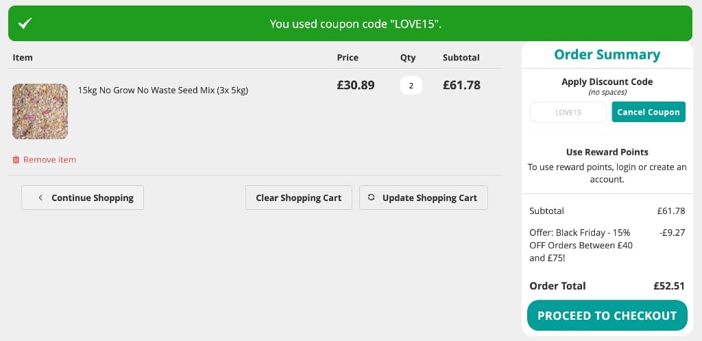 Screenshot of the Love Garden Birds discount code working