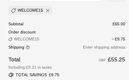 Screenshot of the Rani & Co. discount code working