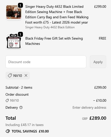 Screenshot of the Singer Sewing Outlet discount code working