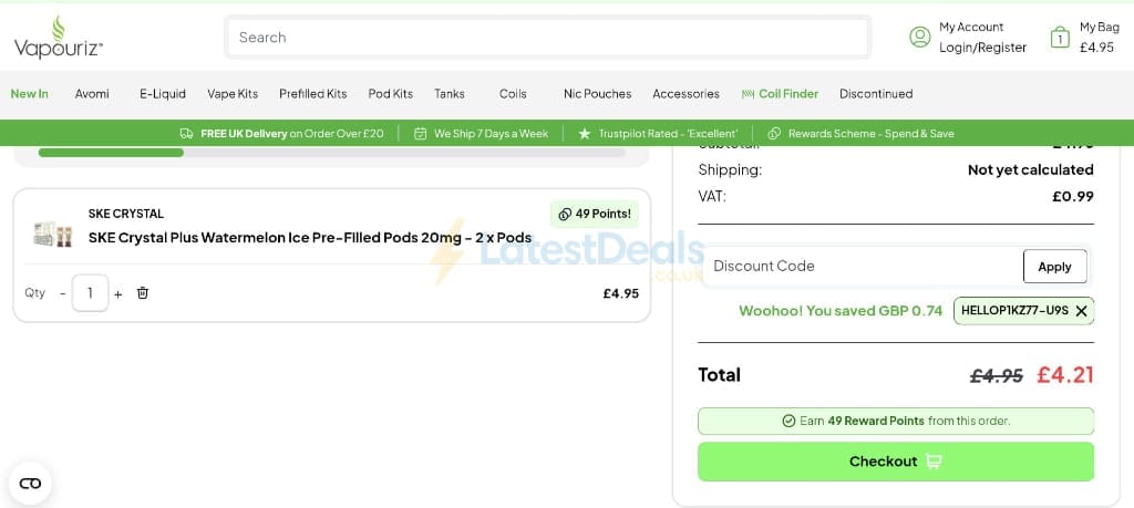 Screenshot of the Vapouriz Electronic Cigarettes discount code working