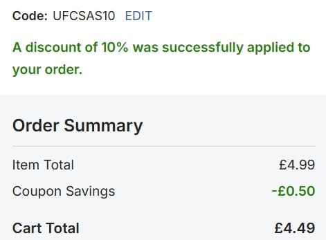Screenshot of the UFC Store discount code working