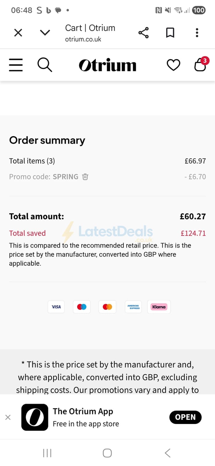 Screenshot of the Otrium discount code working