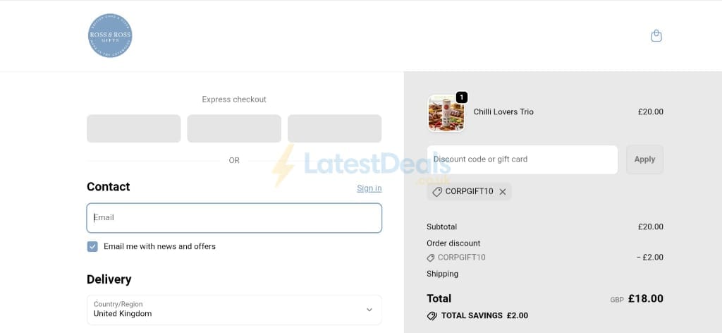 Screenshot of the Ross & Ross Gifts discount code working
