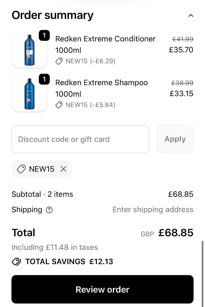 Screenshot of the HWS Beauty discount code working