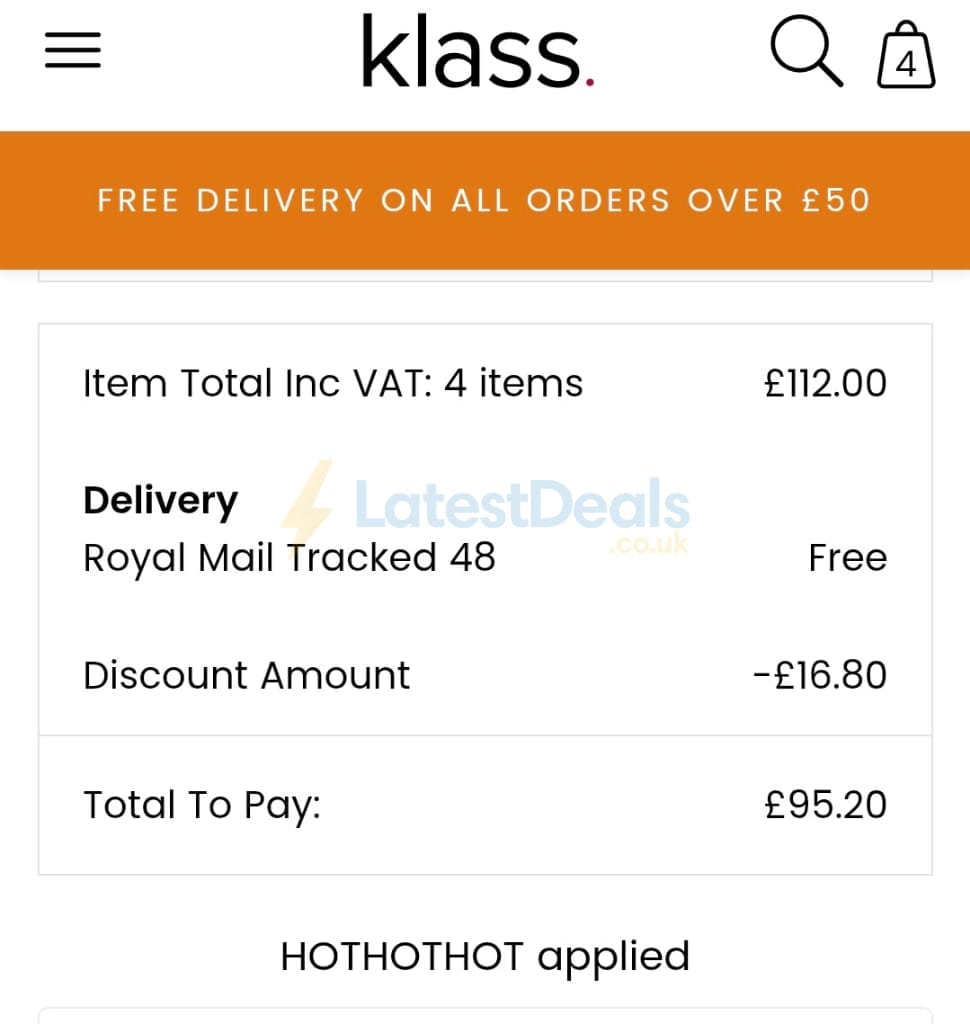 Screenshot of the Klass discount code working