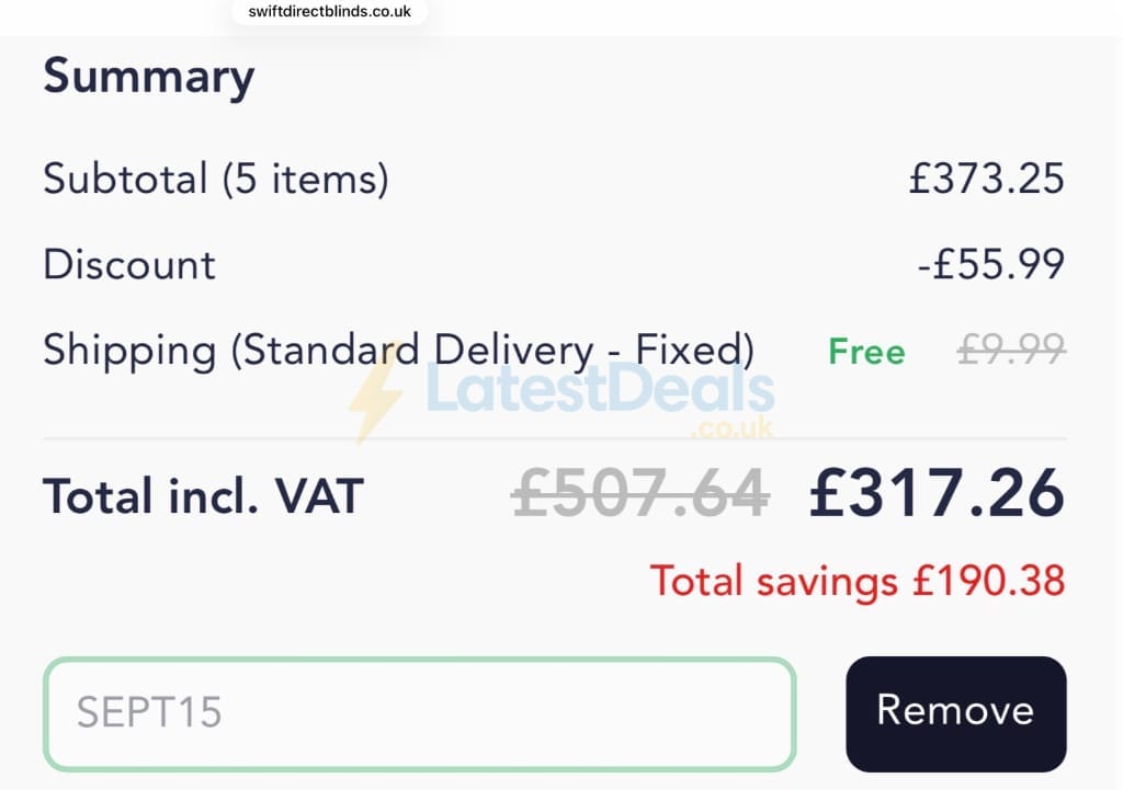 Screenshot of the Swift Direct Blinds discount code working