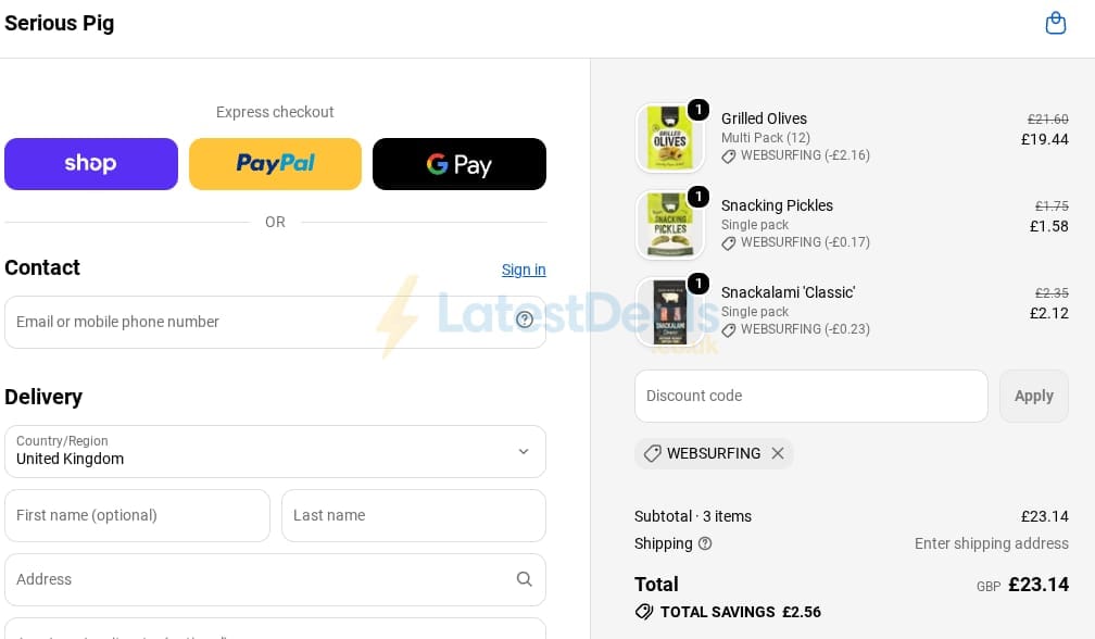 Screenshot of the Seriouspig discount code working