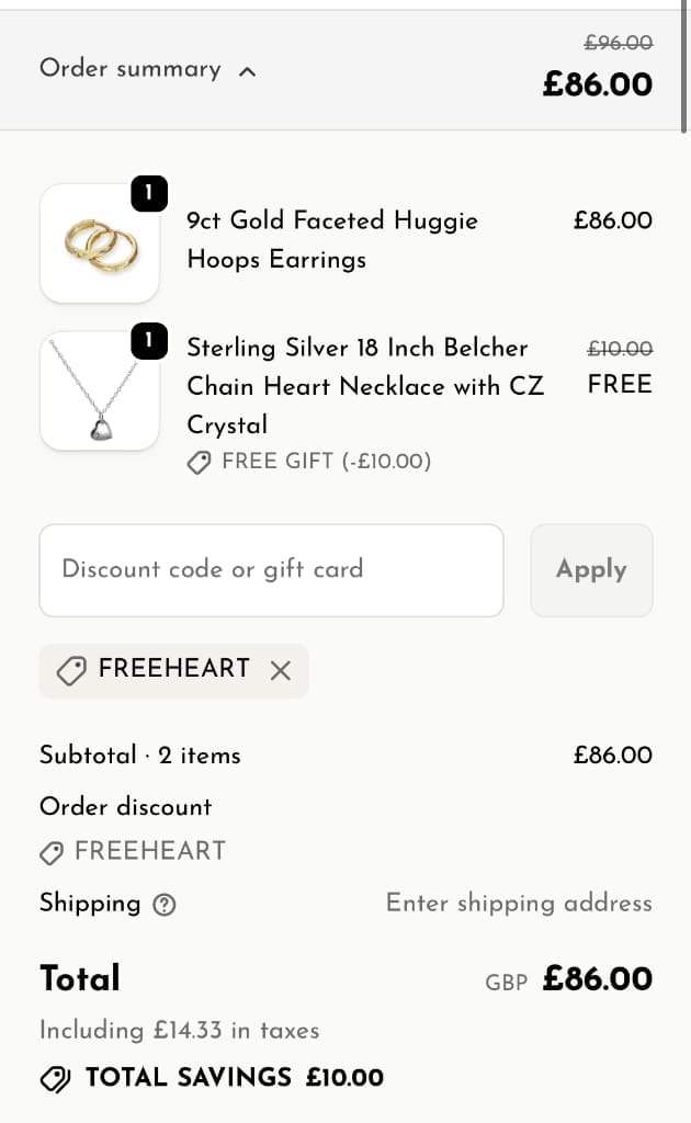 Screenshot of the Jewellery Box discount code working