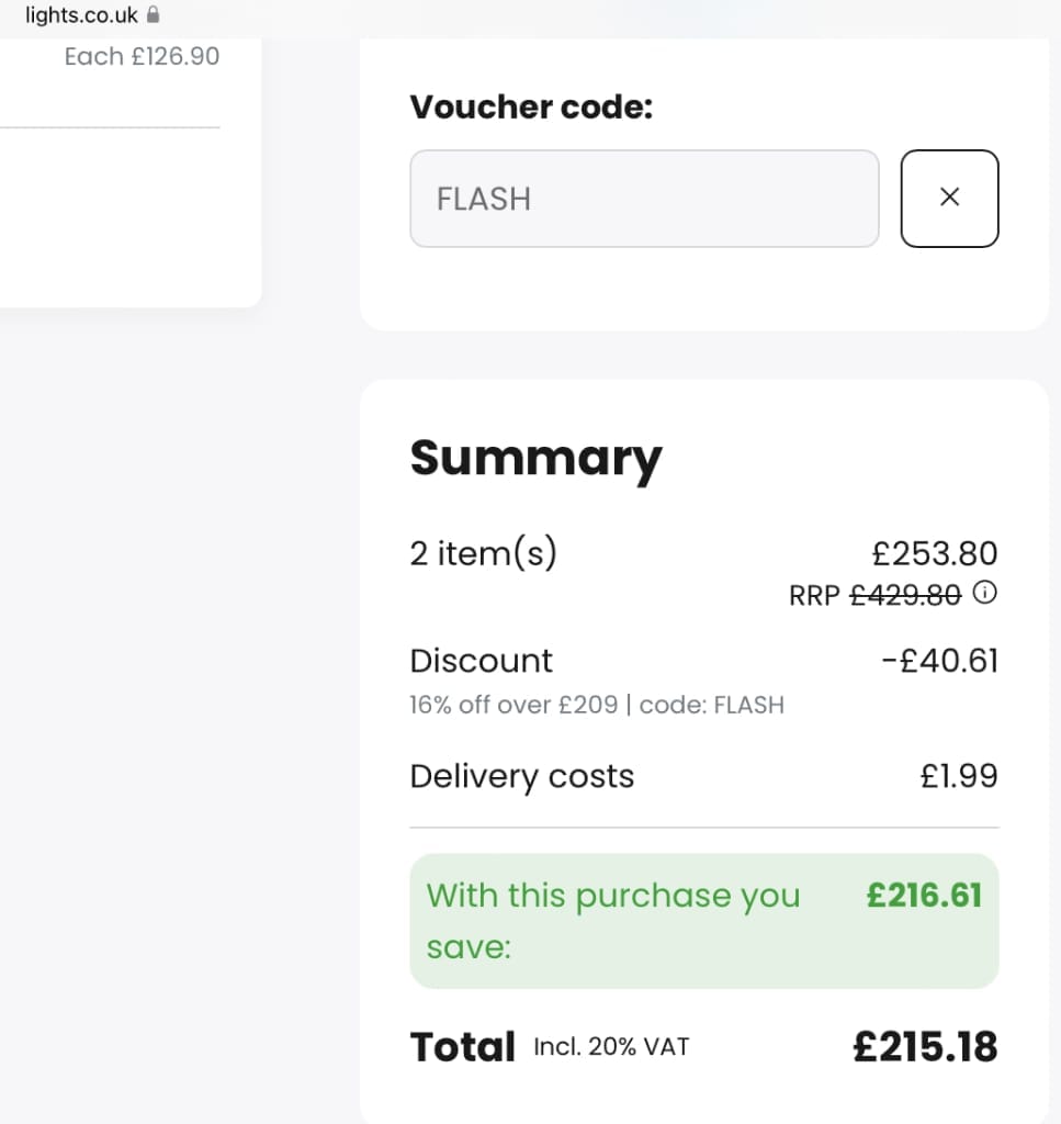 Screenshot of the lights.co.uk discount code working