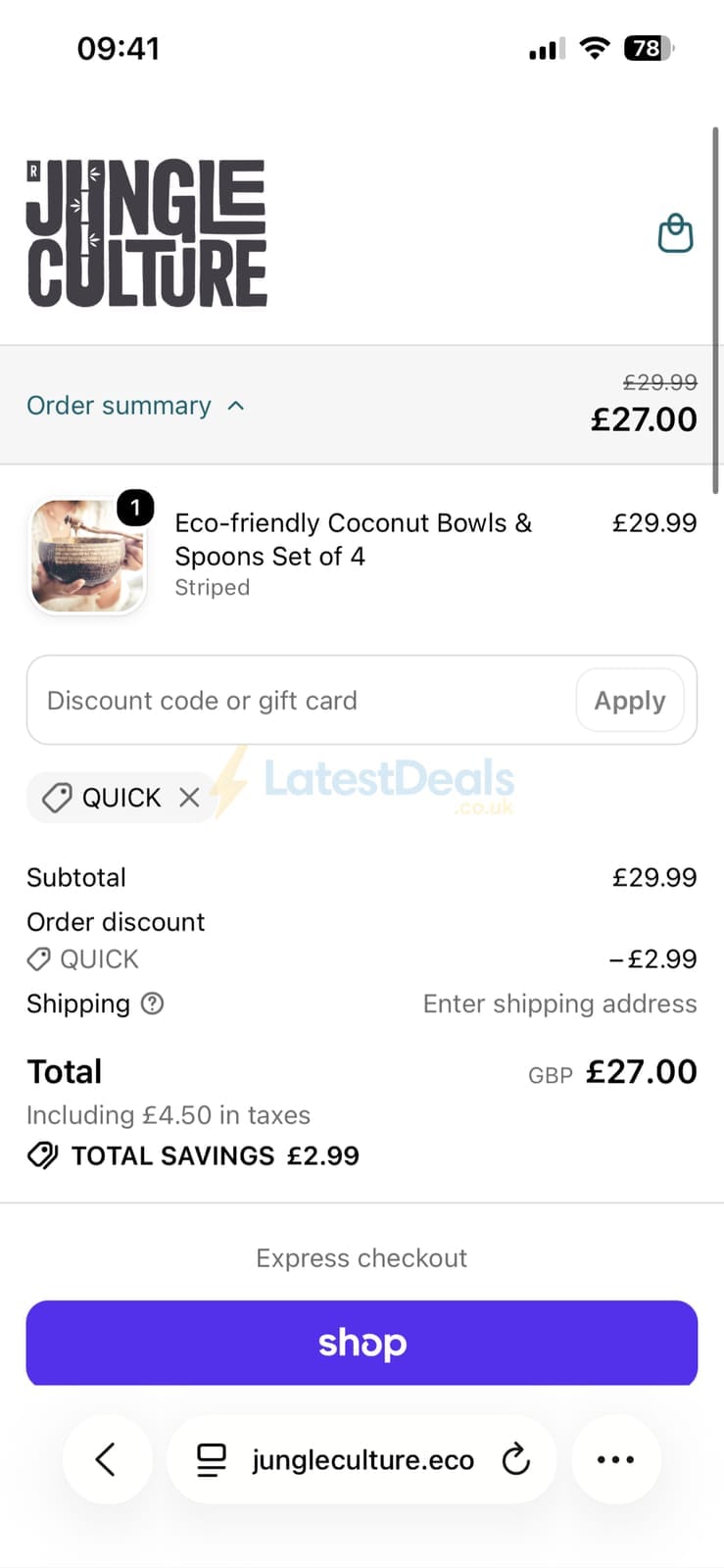 Screenshot of the Jungle Culture discount code working