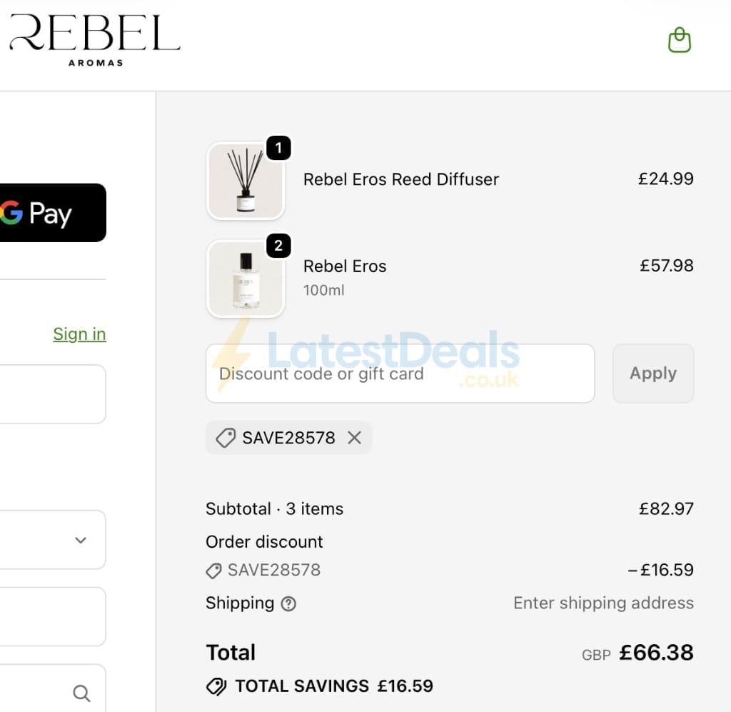 Screenshot of the Rebel Aromas discount code working