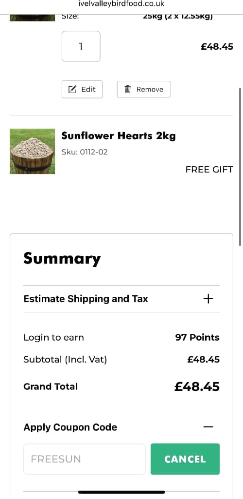 Screenshot of the Ivel Valley Bird Food discount code working