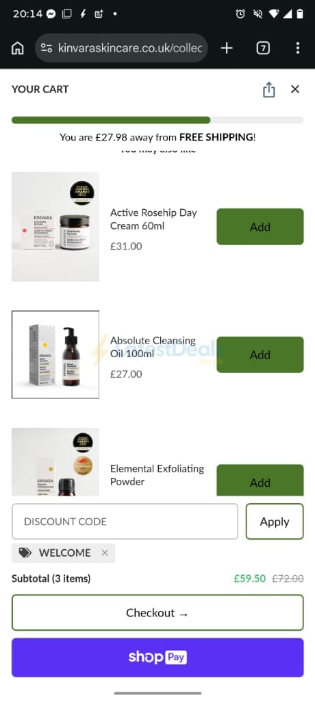 Screenshot of the Kinvara Skincare discount code working
