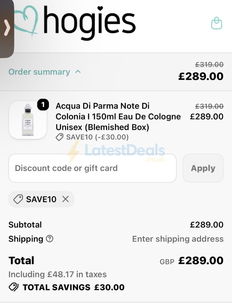 Screenshot of the Hogies Online discount code working