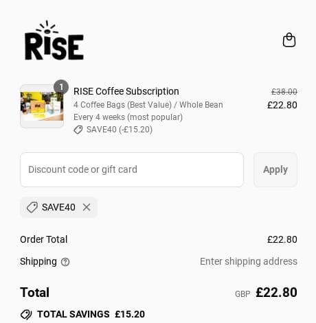 Screenshot of the RISE discount code working