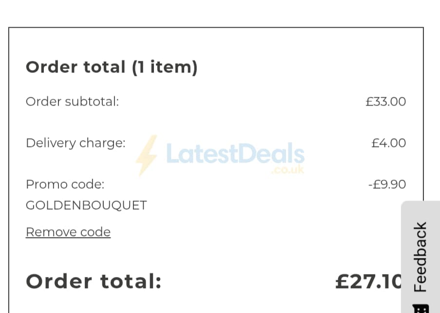 Screenshot of the Flying Flowers discount code working
