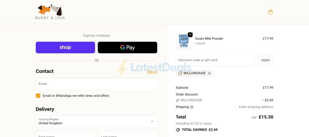 Screenshot of the Buddy & Lola discount code working