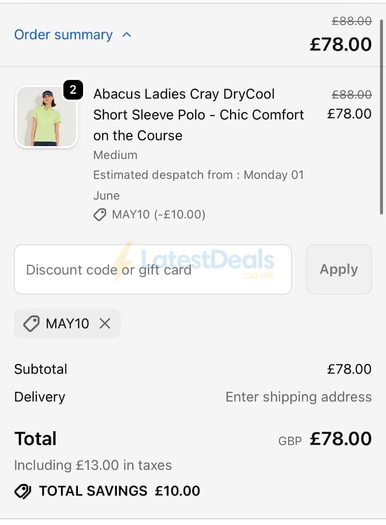 Screenshot of the Golf Garb discount code working