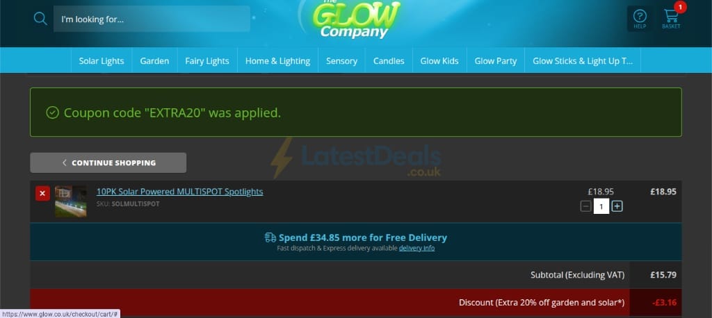 Screenshot of the Glow discount code working