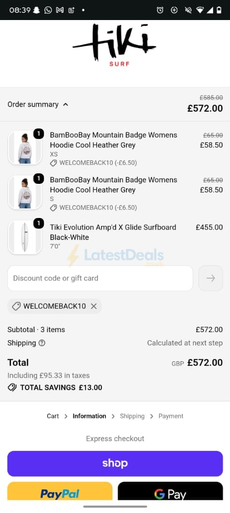 Screenshot of the Tiki Surf discount code working