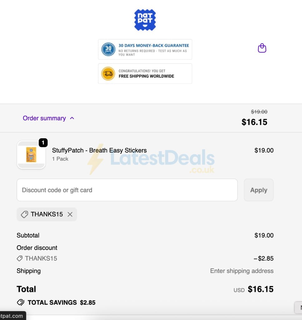 Screenshot of the Natural Patch discount code working