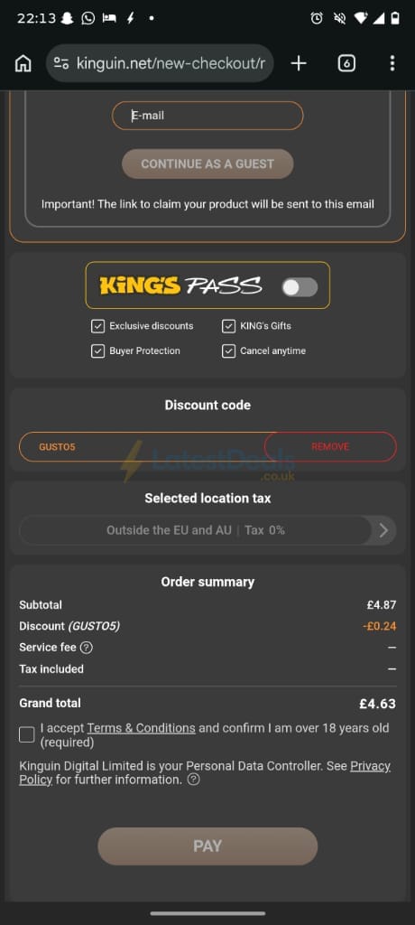 Screenshot of the Kinguin discount code working