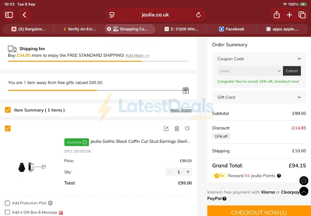 Screenshot of the Jeulia discount code working