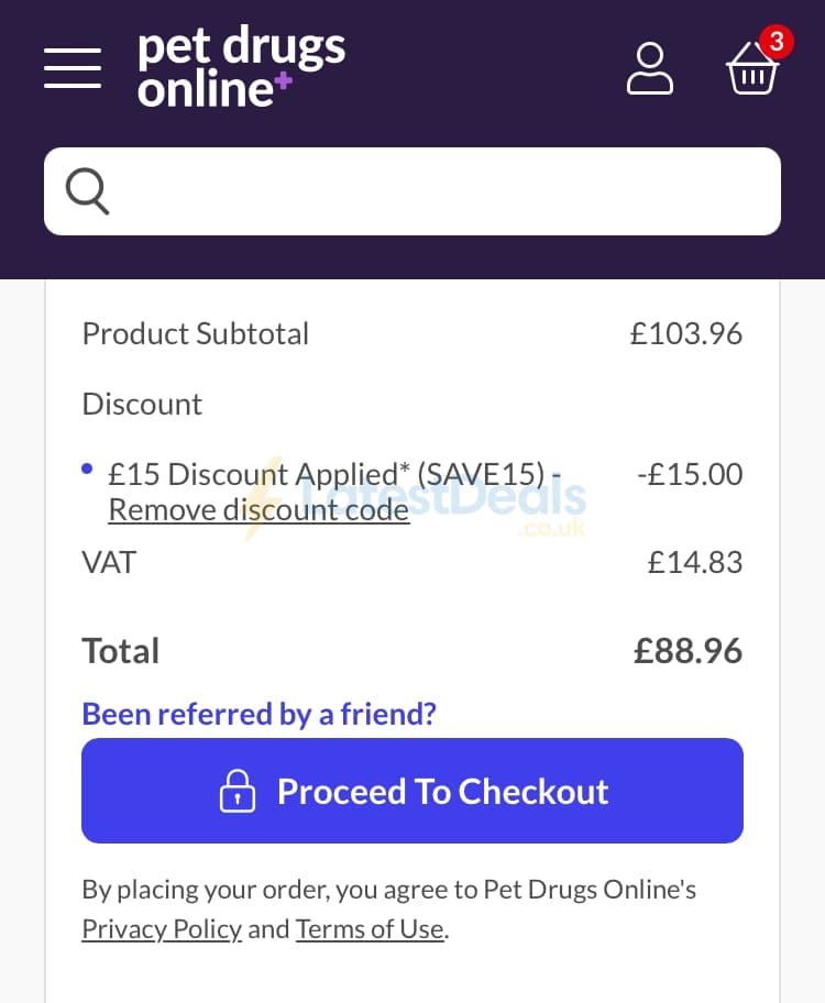 Screenshot of the Pet Drugs Online discount code working