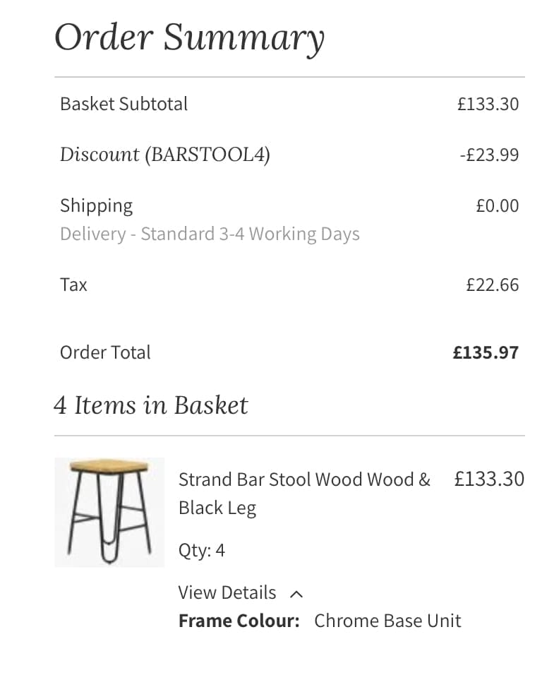 Screenshot of the Lakeland Furniture discount code working