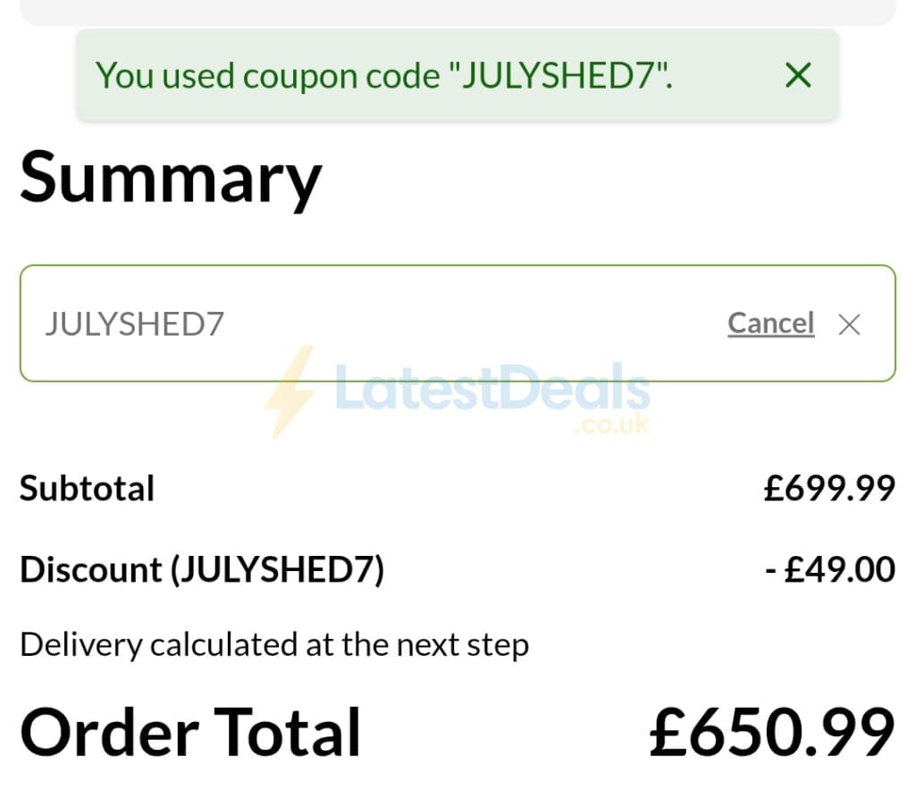 Screenshot of the Shedstore discount code working