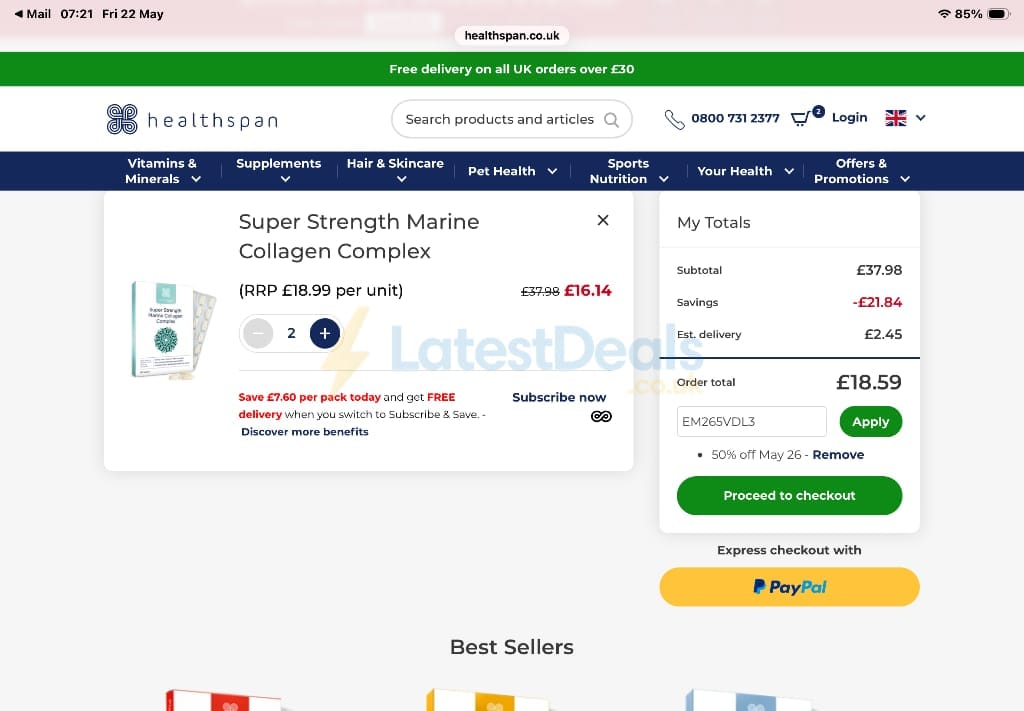 Screenshot of the Healthspan discount code working
