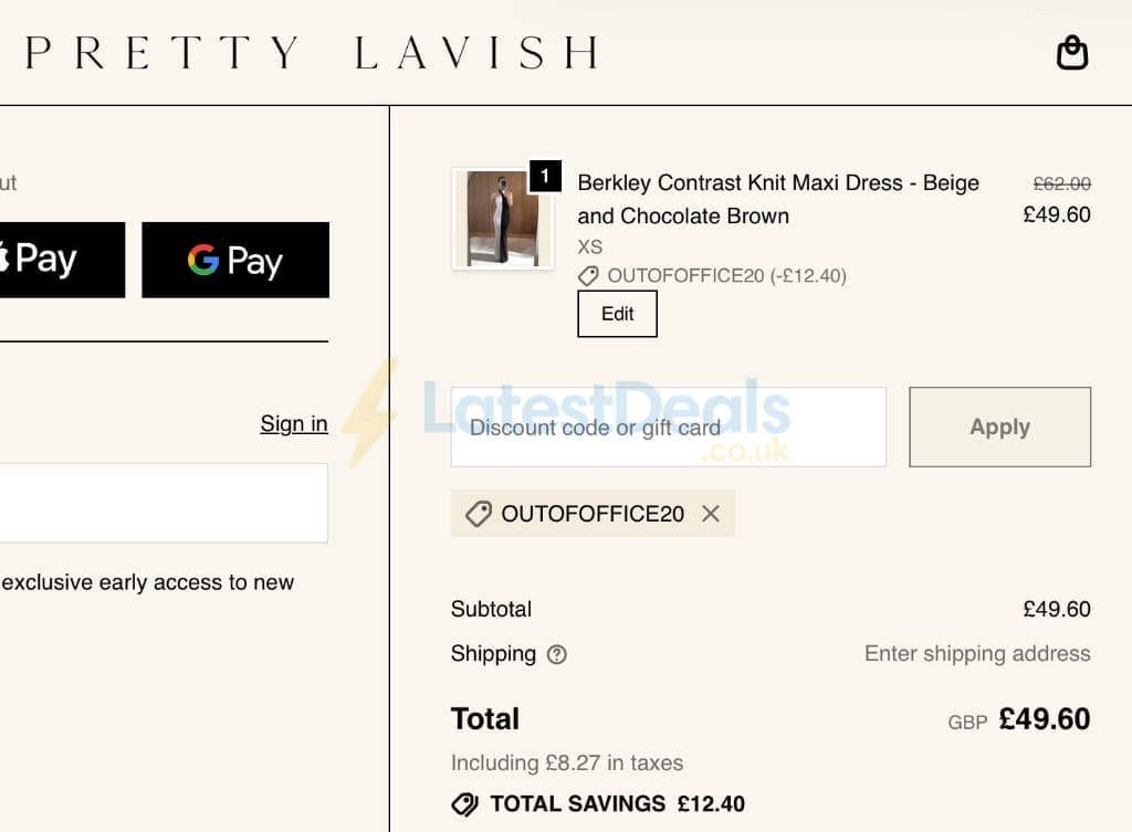 Screenshot of the Pretty Lavish discount code working