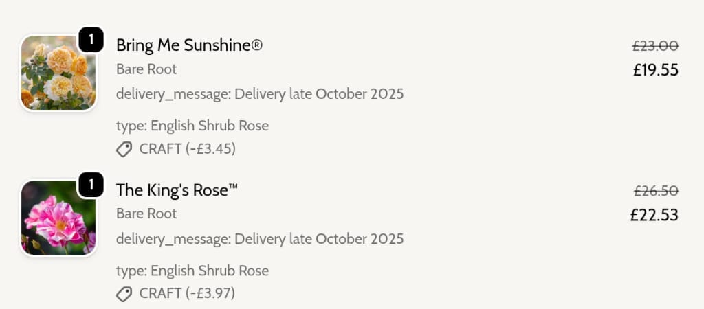 Screenshot of the David Austin discount code working