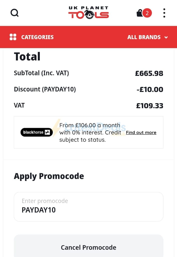 Screenshot of the UK Planet Tools discount code working