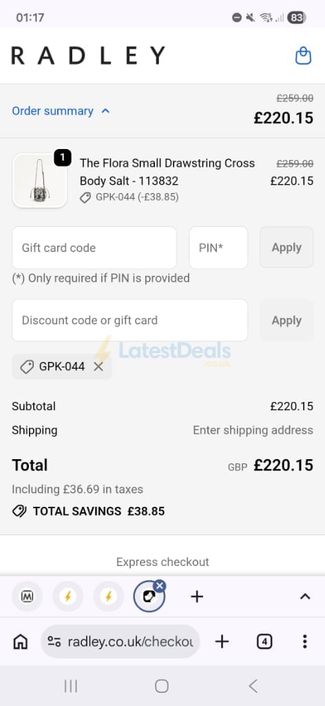 Screenshot of the Radley London discount code working
