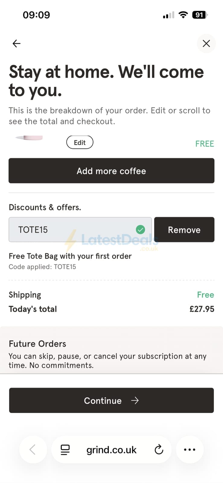 Screenshot of the Grind discount code working