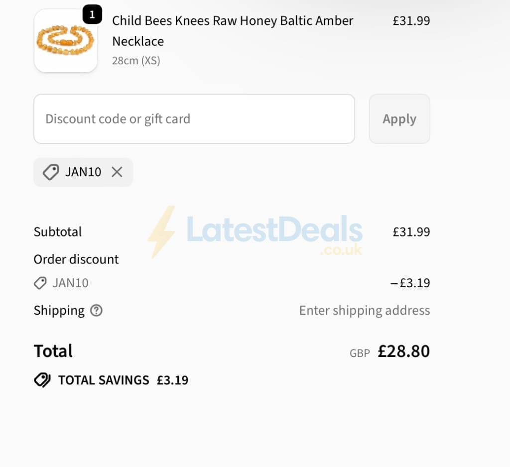 Screenshot of the Love Amber X discount code working