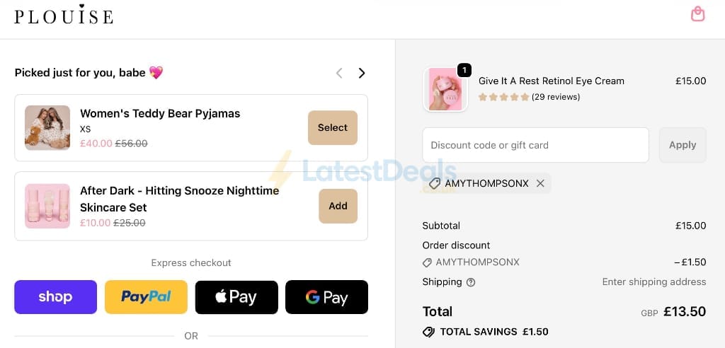Screenshot of the P. Louise discount code working