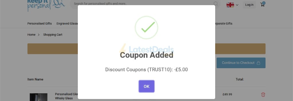 Screenshot of the Keep It Personal discount code working