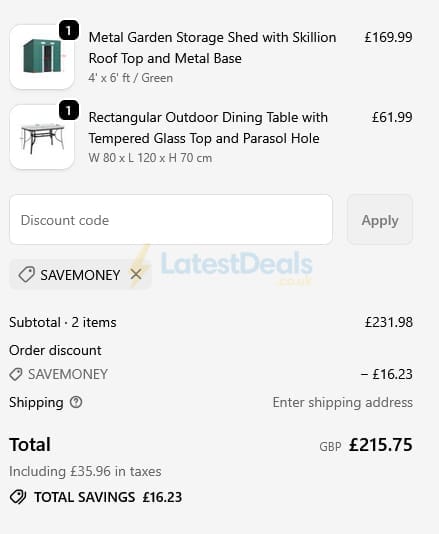 Screenshot of the Garden Sanctuary discount code working